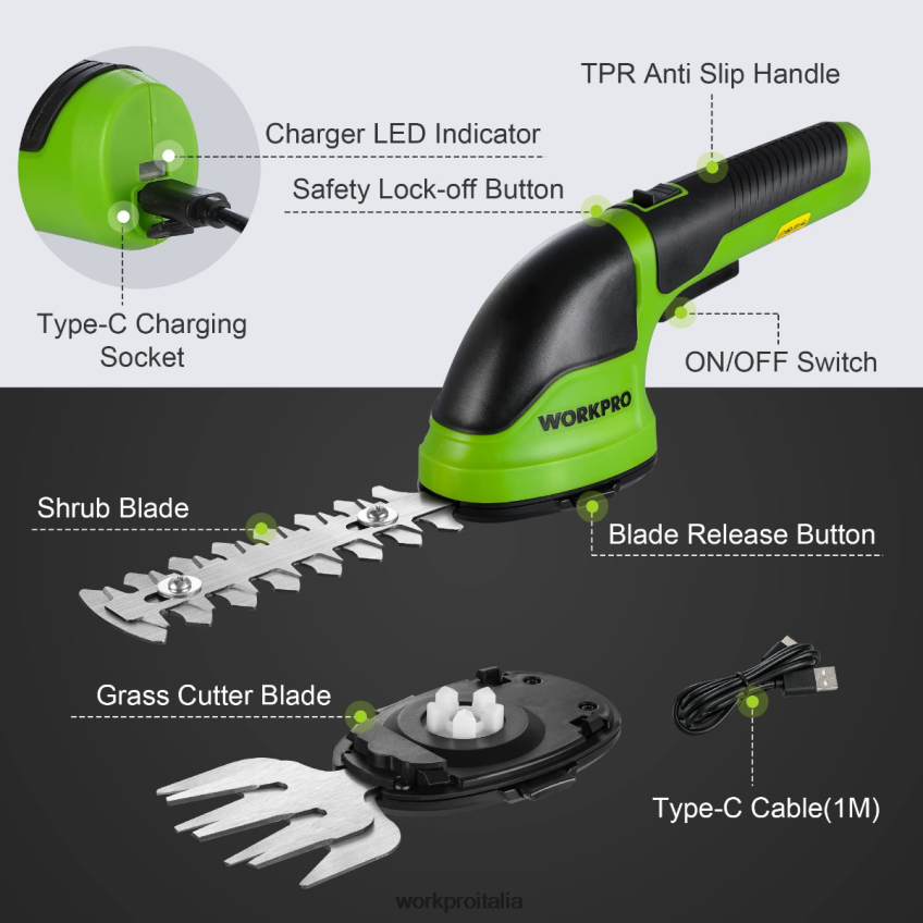 WORKPRO Tagliasiepi/tagliaerba elettrico senza fili portatile 2 in 1 da 3,6 V rosa/verde/bianco B0600L268 attrezzo