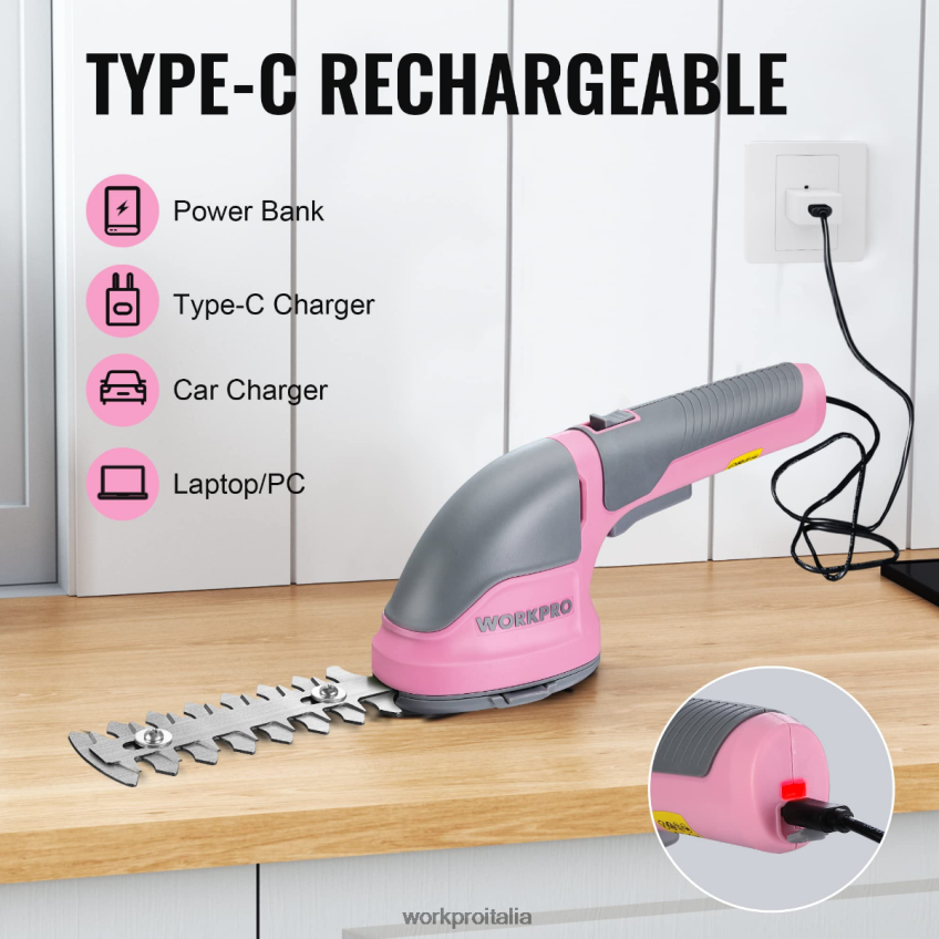 WORKPRO Tagliasiepi/tagliaerba elettrico senza fili portatile 2 in 1 da 3,6 V rosa/verde/bianco B0600L268 attrezzo