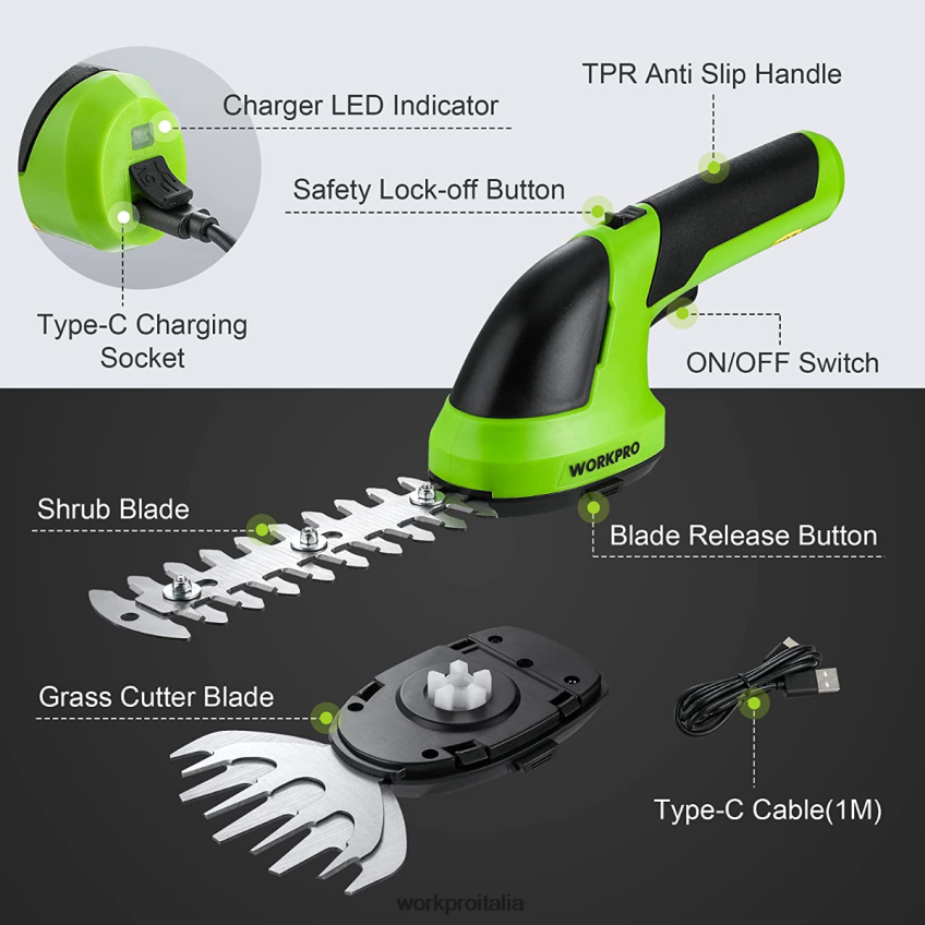 WORKPRO Tagliasiepi/tagliaerba elettrico senza fili portatile 2 in 1 da 7,2 V rosa/verde/bianco B0600L269 attrezzo
