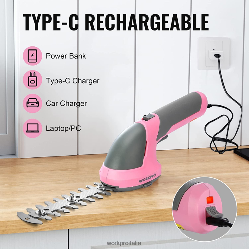 WORKPRO Tagliasiepi/tagliaerba elettrico senza fili portatile 2 in 1 da 7,2 V rosa/verde/bianco B0600L269 attrezzo