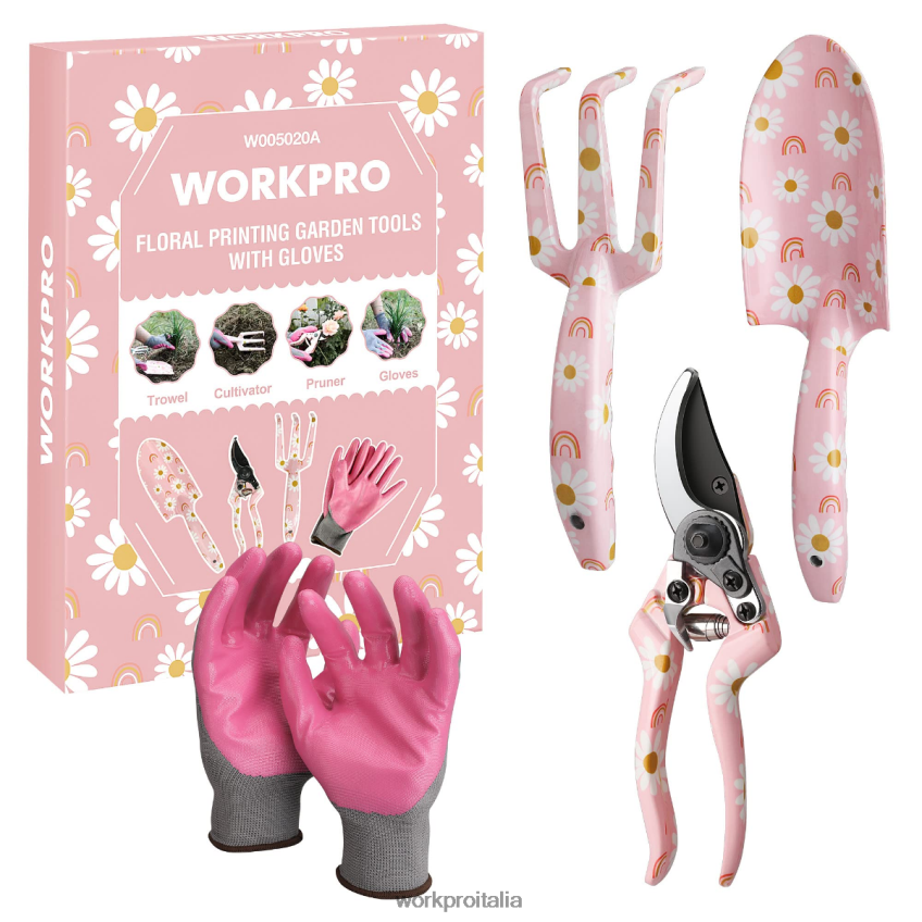 WORKPRO Set di 4 attrezzi da giardino in alluminio bianco/rosa B0600L285 attrezzo