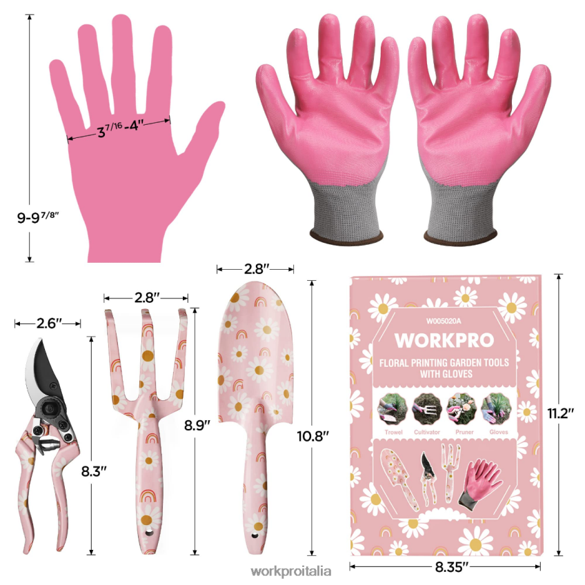 WORKPRO Set di 4 attrezzi da giardino in alluminio bianco/rosa B0600L285 attrezzo