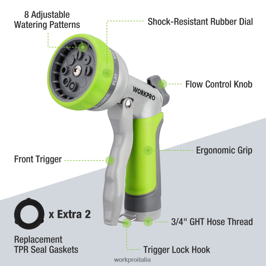 WORKPRO spruzzatore con ugello per tubo dell'acqua ad alta pressione da giardino con 8 modelli di irrigazione regolabili e design con controllo del pollice utile B0600L288 attrezzo