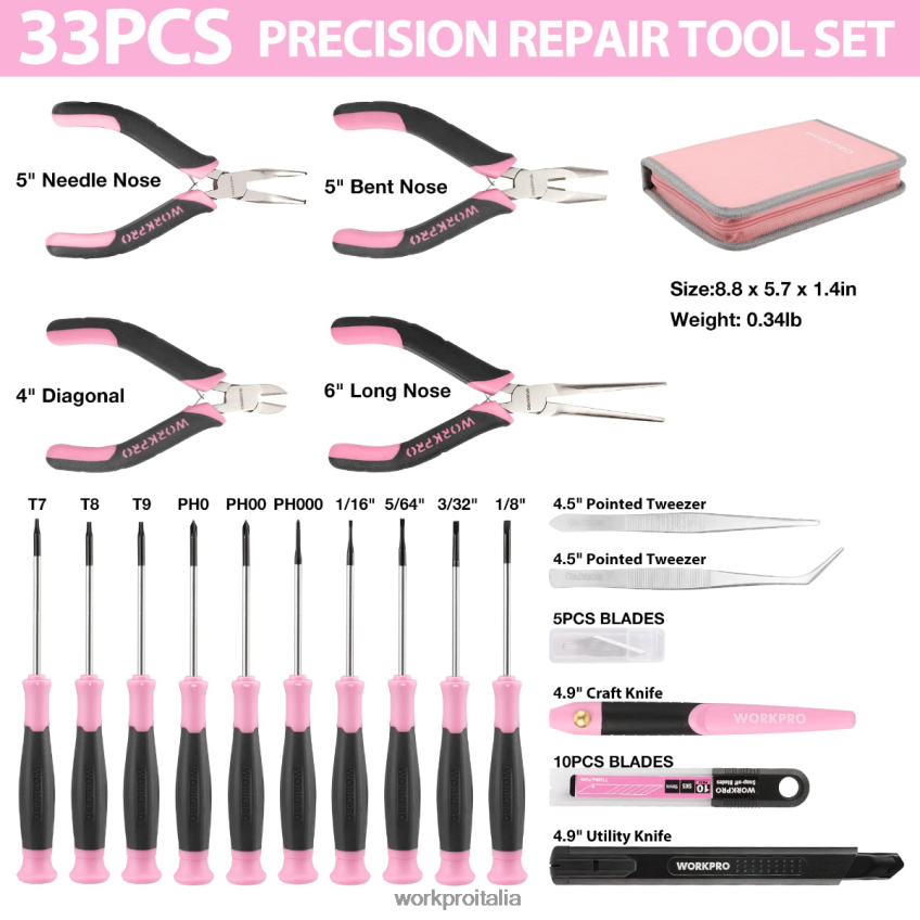 WORKPRO Il set di strumenti di riparazione di precisione da 33 pezzi include un set di pinze rosa/blu B0600L257 attrezzo
