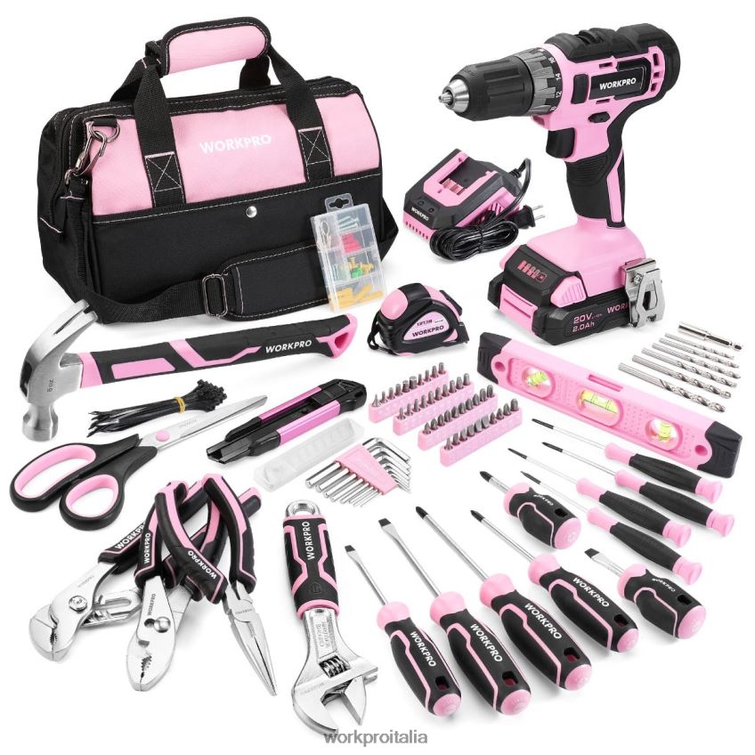 WORKPRO Kit combinato trapano a batteria da 157 pezzi con batteria agli ioni di litio da 20 V rosa/grigio B0600L259 attrezzo