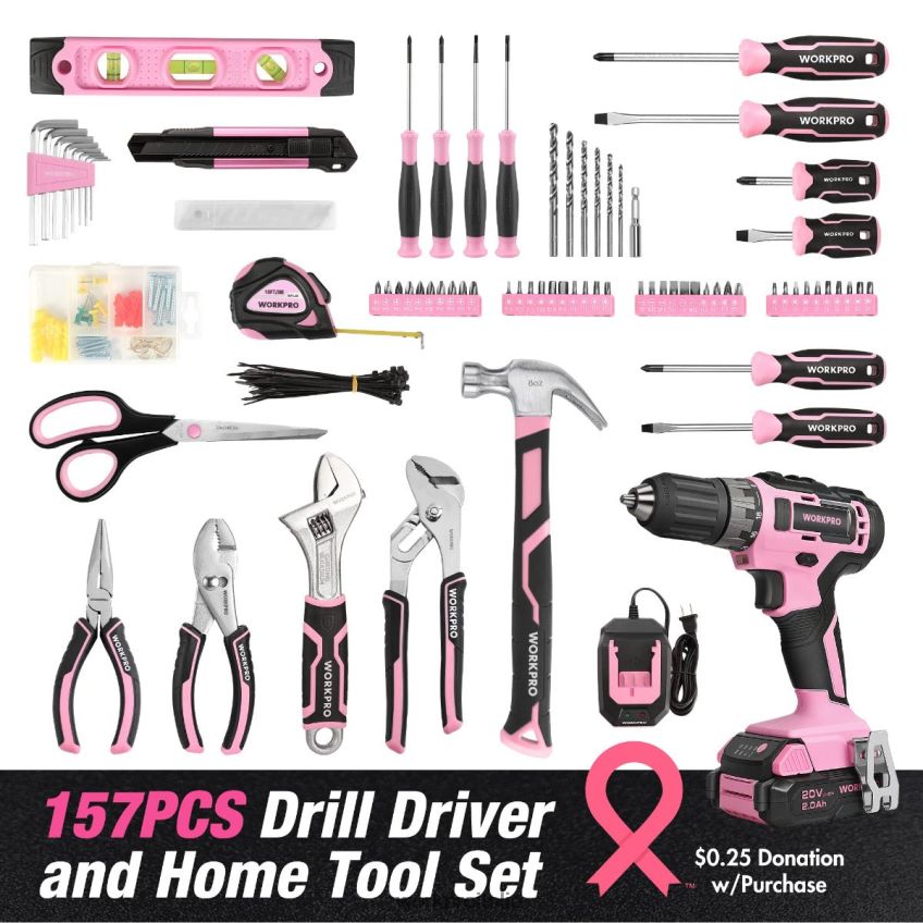 WORKPRO Kit combinato trapano a batteria da 157 pezzi con batteria agli ioni di litio da 20 V rosa/grigio B0600L259 attrezzo