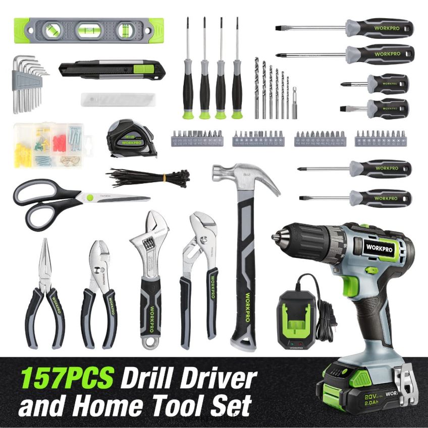 WORKPRO Kit combinato trapano a batteria da 157 pezzi con batteria agli ioni di litio da 20 V rosa/grigio B0600L259 attrezzo