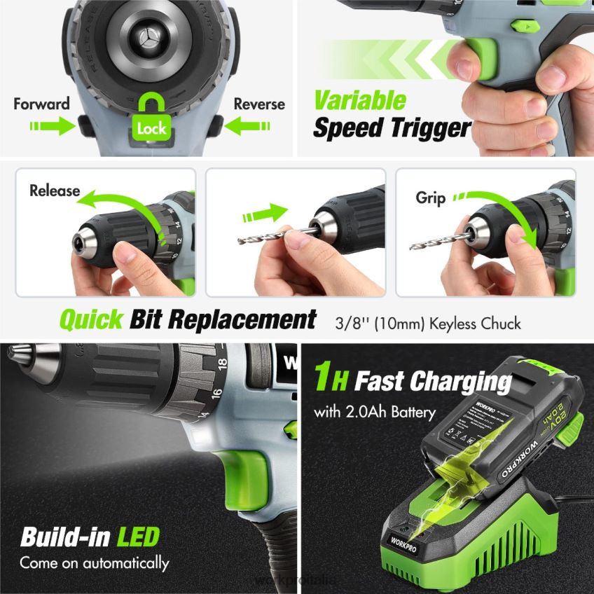 WORKPRO Kit combinato trapano a batteria da 157 pezzi con batteria agli ioni di litio da 20 V rosa/grigio B0600L259 attrezzo