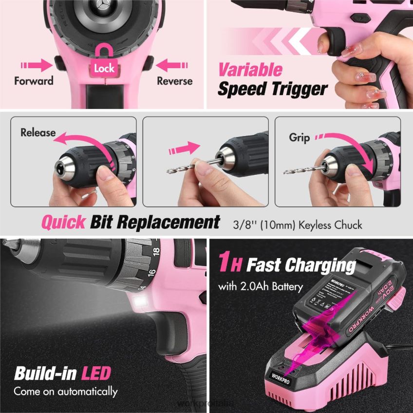 WORKPRO Kit combinato trapano a batteria da 157 pezzi con batteria agli ioni di litio da 20 V rosa/grigio B0600L259 attrezzo