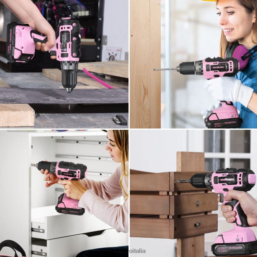 WORKPRO Kit combinato trapano a batteria da 157 pezzi con batteria agli ioni di litio da 20 V rosa/grigio B0600L259 attrezzo