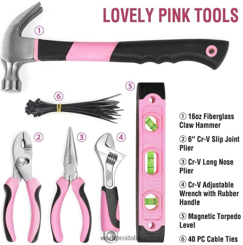 WORKPRO Kit di attrezzi da 103 pezzi con custodia rotonda facile da trasportare, perfetta per la manutenzione domestica fai da te rosa B0600L248 attrezzo