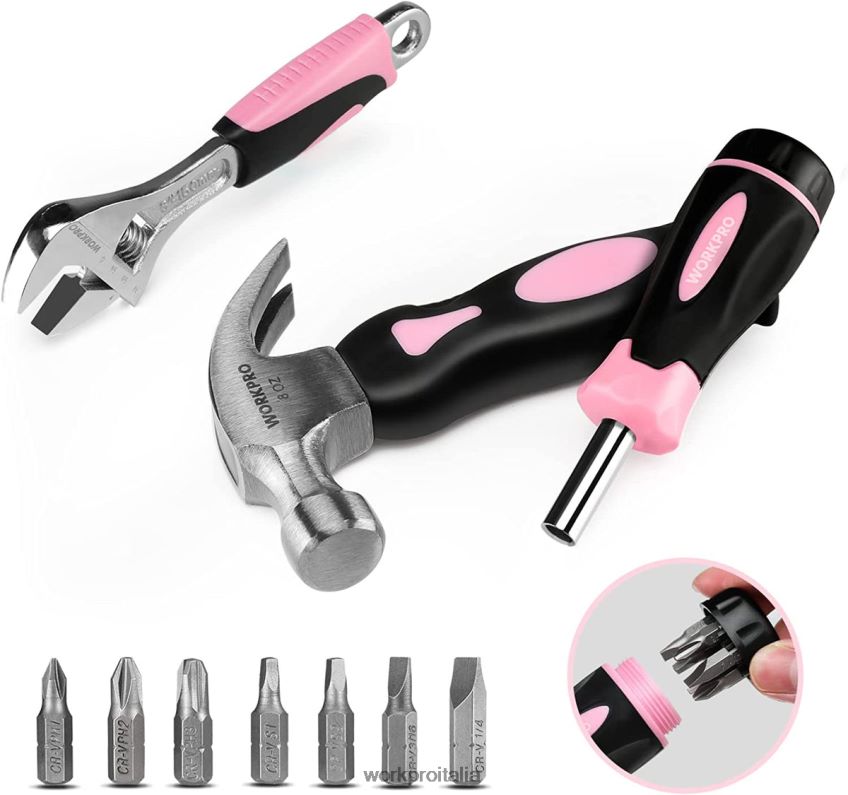 WORKPRO Kit di utensili domestici da 10 pezzi per donna con set porta punte per cacciavite rosa B0600L243 attrezzo