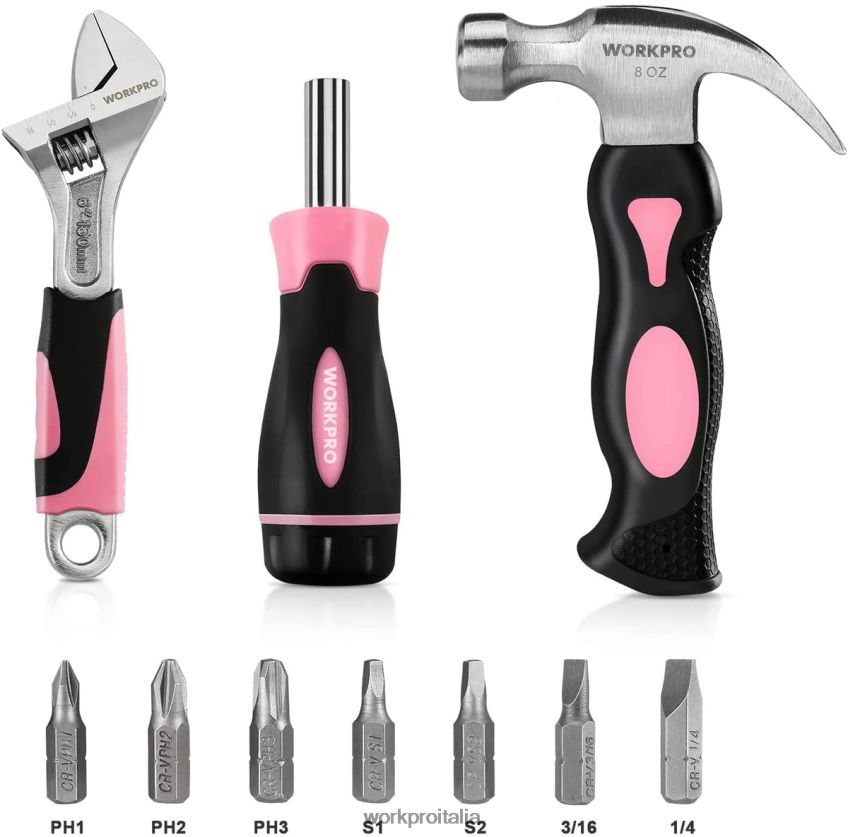 WORKPRO Kit di utensili domestici da 10 pezzi per donna con set porta punte per cacciavite rosa B0600L243 attrezzo
