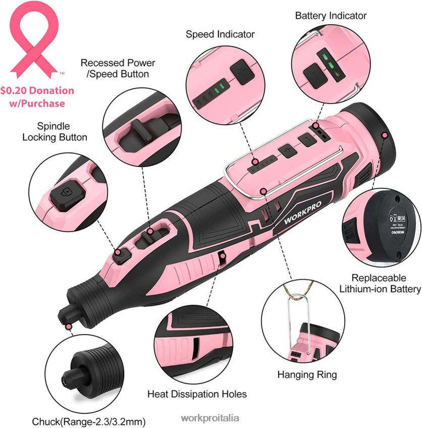 WORKPRO Kit di utensili rotanti a batteria da 12 V, 5 velocità variabili, 114 accessori di facile sostituzione rosa B0600L267 attrezzo