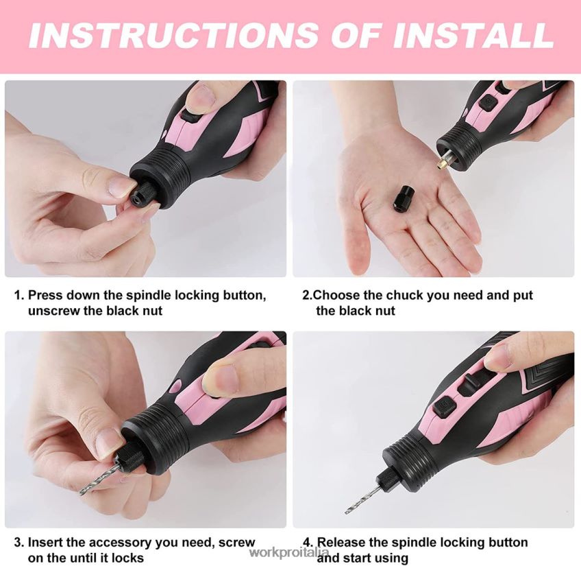 WORKPRO Kit di utensili rotanti a batteria da 12 V, 5 velocità variabili, 114 accessori di facile sostituzione rosa B0600L267 attrezzo