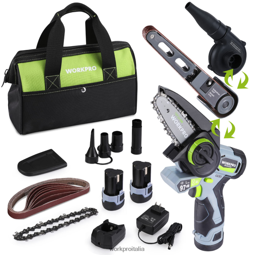 WORKPRO Levigatrice a nastro con dettagli senza fili, mini sega a catena, ventilatore elettrico, kit combinato di utensili elettrici 3 in 1 moderno B0600L296 attrezzo