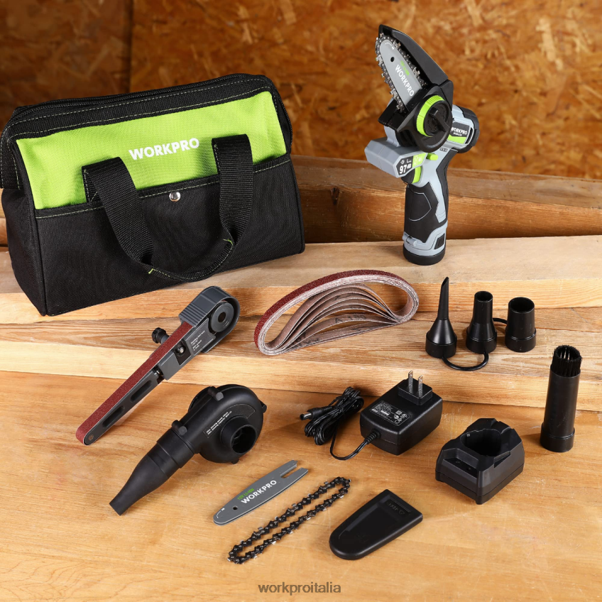 WORKPRO Levigatrice a nastro con dettagli senza fili, mini sega a catena, ventilatore elettrico, kit combinato di utensili elettrici 3 in 1 moderno B0600L296 attrezzo