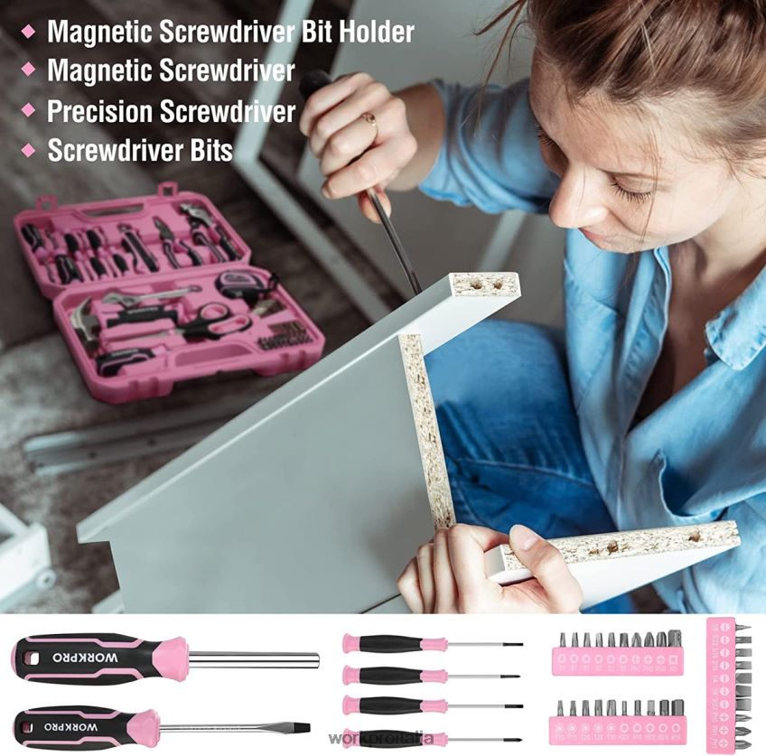 WORKPRO Set di attrezzi da 52 pezzi, set di attrezzi per la casa da donna con cassetta degli attrezzi, set di attrezzi di base - nastro rosa B0600L249 attrezzo