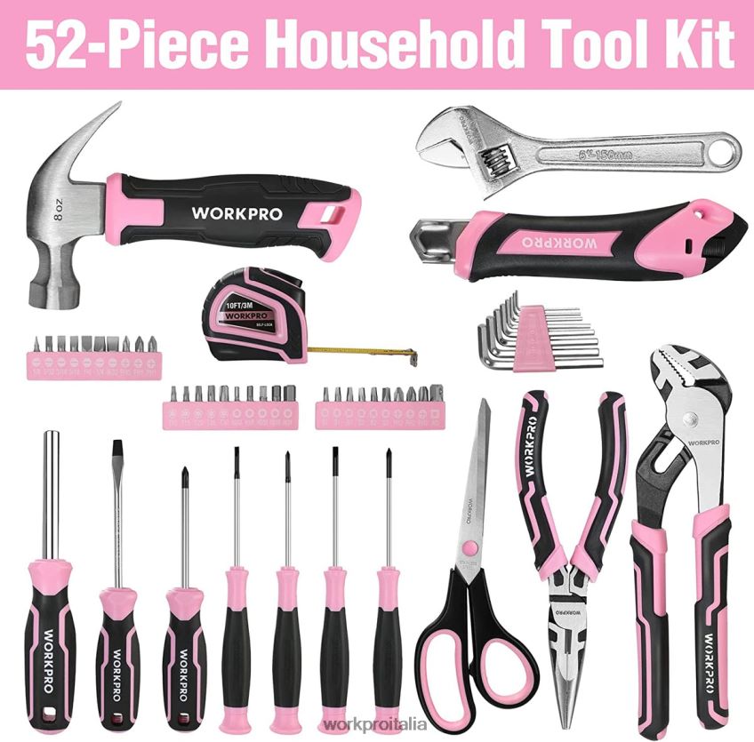 WORKPRO Set di attrezzi da 52 pezzi, set di attrezzi per la casa da donna con cassetta degli attrezzi, set di attrezzi di base - nastro rosa B0600L249 attrezzo
