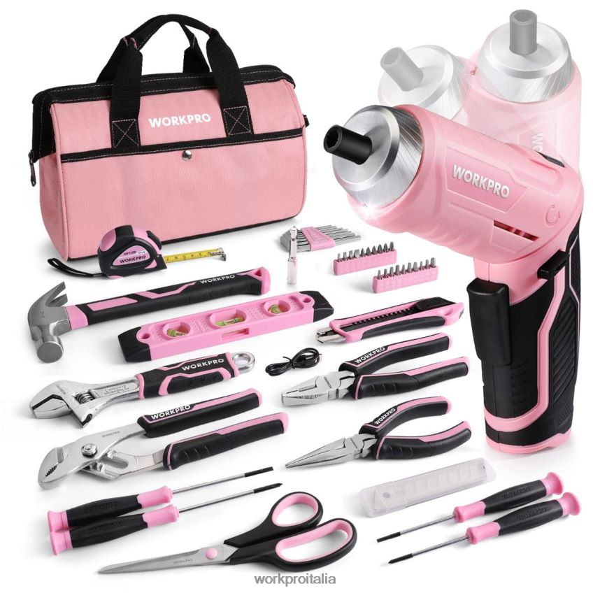 WORKPRO Set di attrezzi da 55 pezzi, cacciavite a batteria ruotabile da 3,7 V e kit di attrezzi domestici rosa B0600L264 attrezzo