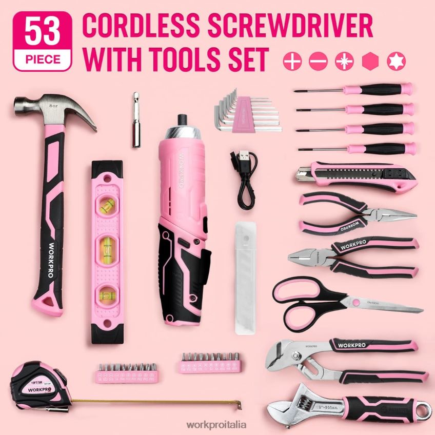 WORKPRO Set di attrezzi da 55 pezzi, cacciavite a batteria ruotabile da 3,7 V e kit di attrezzi domestici rosa B0600L264 attrezzo