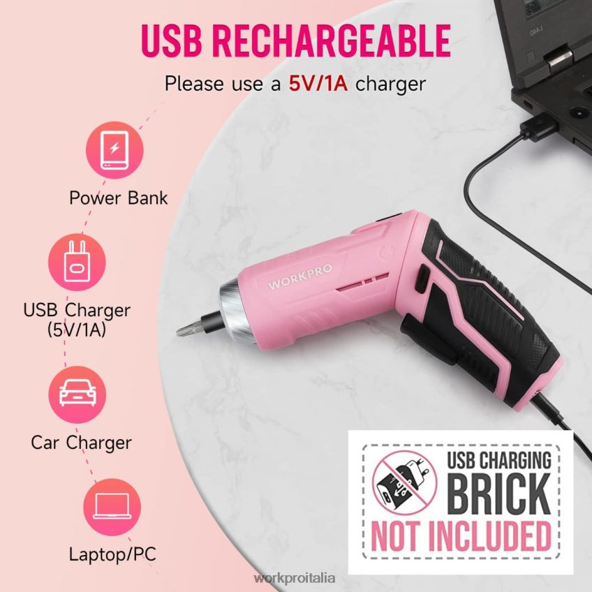 WORKPRO Set di attrezzi da 55 pezzi, cacciavite a batteria ruotabile da 3,7 V e kit di attrezzi domestici rosa B0600L264 attrezzo
