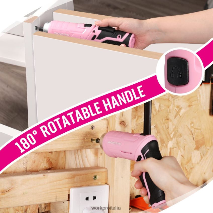 WORKPRO Set di attrezzi da 55 pezzi, cacciavite a batteria ruotabile da 3,7 V e kit di attrezzi domestici rosa B0600L264 attrezzo