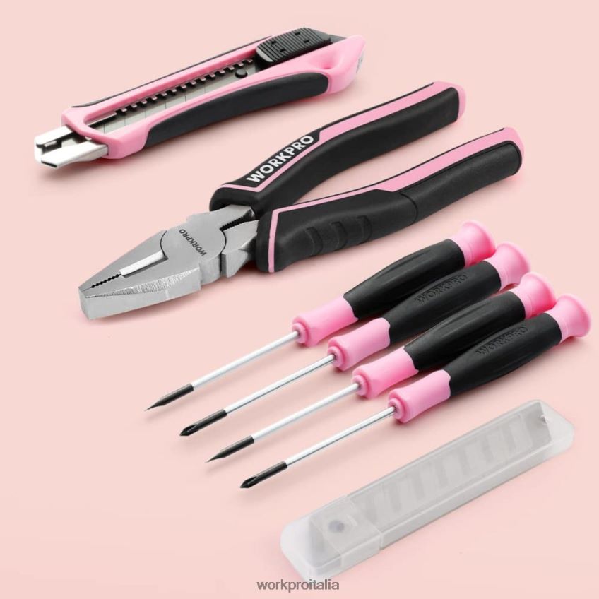 WORKPRO Set di attrezzi da 55 pezzi, cacciavite a batteria ruotabile da 3,7 V e kit di attrezzi domestici rosa B0600L264 attrezzo