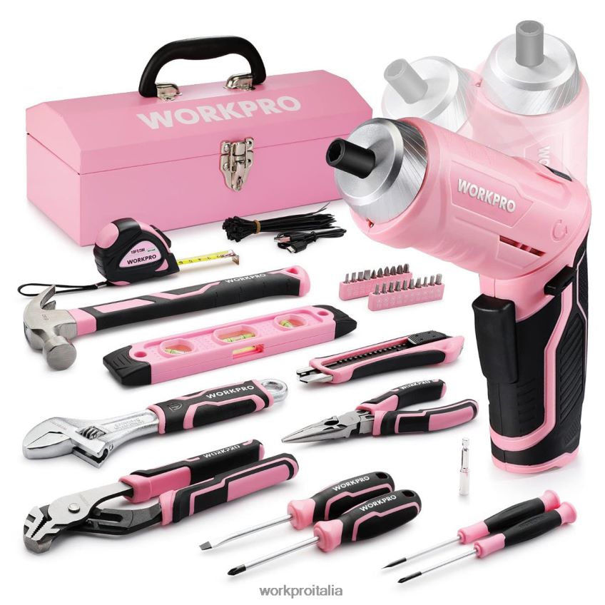 WORKPRO Set di attrezzi da 75 pezzi, cacciavite a batteria ruotabile da 3,7 V e kit di attrezzi domestici rosa B0600L260 attrezzo
