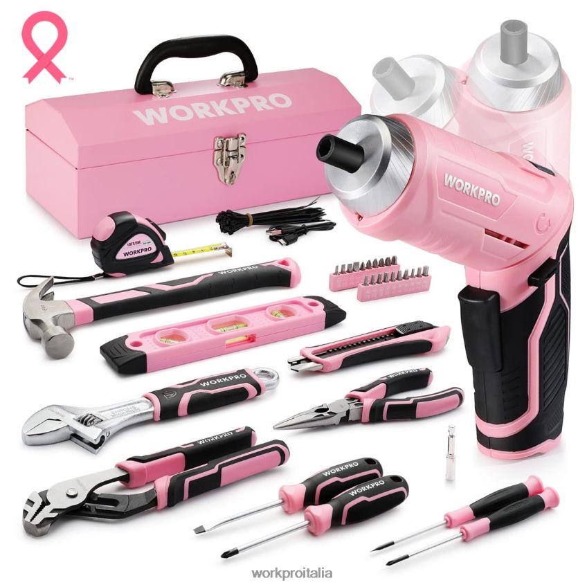 WORKPRO Set di attrezzi da 75 pezzi, cacciavite a batteria ruotabile da 3,7 V e kit di attrezzi domestici rosa B0600L260 attrezzo