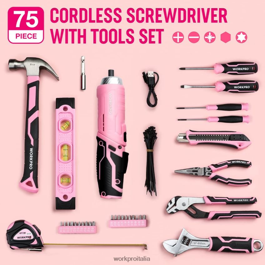 WORKPRO Set di attrezzi da 75 pezzi, cacciavite a batteria ruotabile da 3,7 V e kit di attrezzi domestici rosa B0600L260 attrezzo