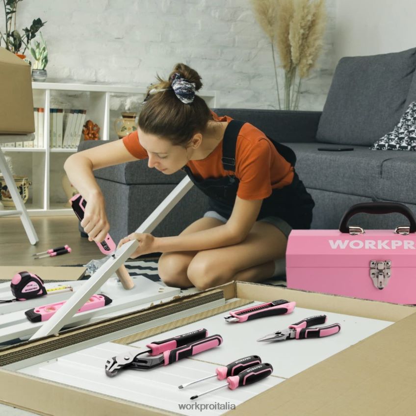 WORKPRO Set di attrezzi da 75 pezzi, cacciavite a batteria ruotabile da 3,7 V e kit di attrezzi domestici rosa B0600L260 attrezzo