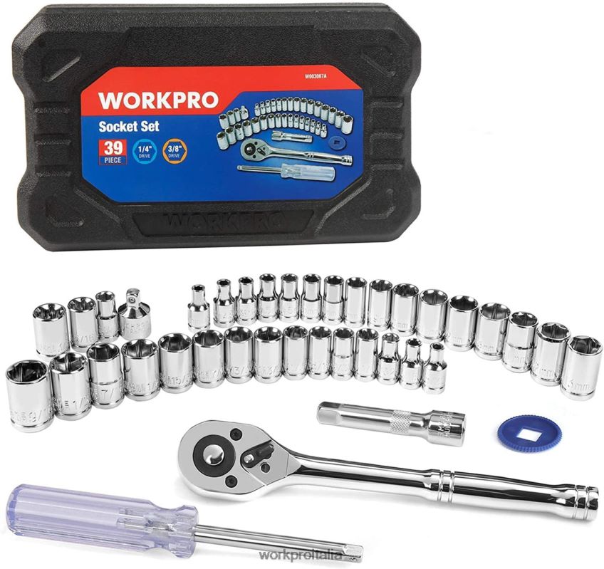 WORKPRO Set di attrezzi meccanici per chiavi a bussola da 39 pezzi con cassetta degli attrezzi metrica e sae utile B0600L310 attrezzo