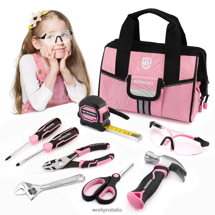 WORKPRO Set di attrezzi per bambini junior da 9 pezzi con borsa degli attrezzi rosa/blu B0600L253 attrezzo