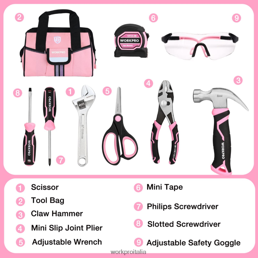 WORKPRO Set di attrezzi per bambini junior da 9 pezzi con borsa degli attrezzi rosa/blu B0600L253 attrezzo
