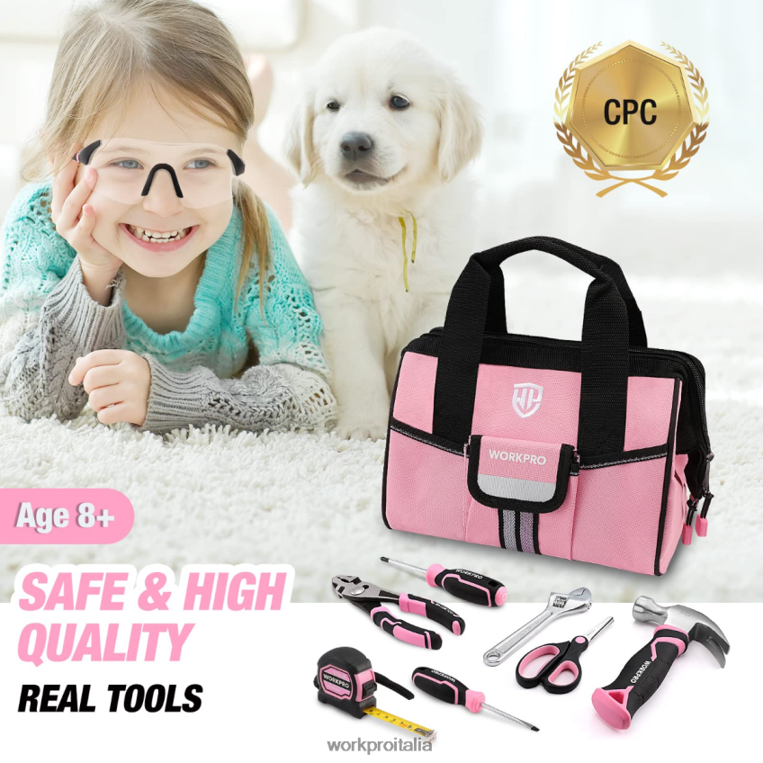 WORKPRO Set di attrezzi per bambini junior da 9 pezzi con borsa degli attrezzi rosa/blu B0600L253 attrezzo