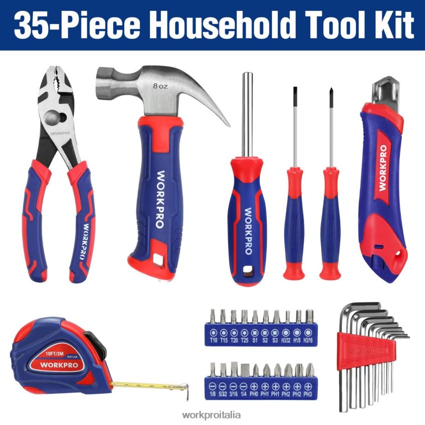WORKPRO Set di utensili domestici da 35 pezzi con cassetta degli attrezzi rosa/blu B0600L246 attrezzo
