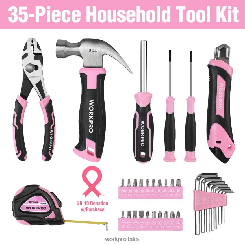 WORKPRO Set di utensili domestici da 35 pezzi con cassetta degli attrezzi rosa/blu B0600L246 attrezzo