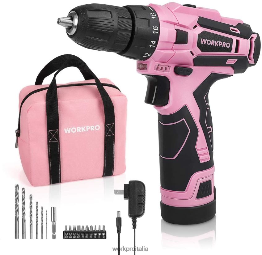 WORKPRO Set trapano avvitatore a batteria Kit di attrezzi per cacciavite elettrico 12V da donna rosa B0600L263 attrezzo