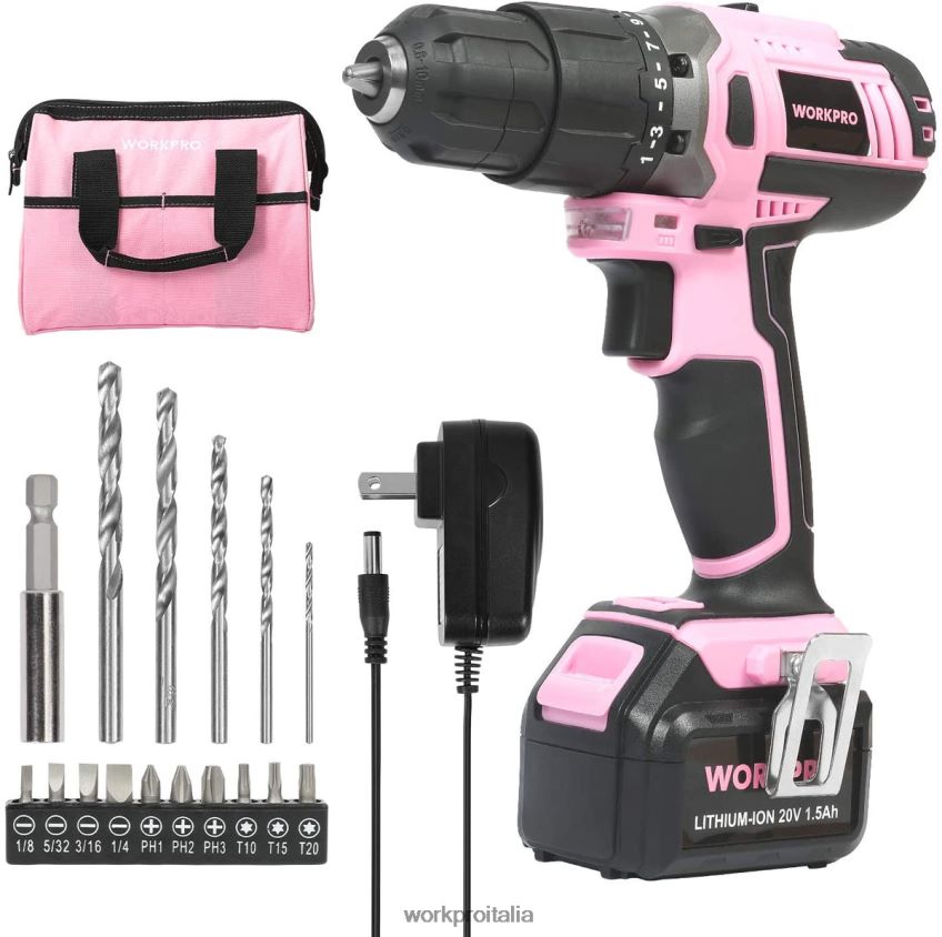 WORKPRO Set trapano avvitatore a batteria agli ioni di litio da 20 V rosa B0600L262 attrezzo