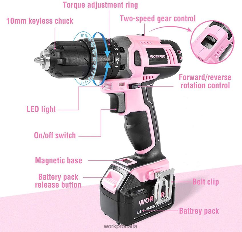 WORKPRO Set trapano avvitatore a batteria agli ioni di litio da 20 V rosa B0600L262 attrezzo