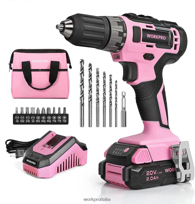 WORKPRO Set trapano avvitatore a batteria da 20 V con caricabatterie rapido e custodia da 11 pollici inclusa rosa B0600L261 attrezzo