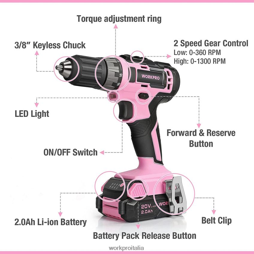 WORKPRO Set trapano avvitatore a batteria da 20 V con caricabatterie rapido e custodia da 11 pollici inclusa rosa B0600L261 attrezzo