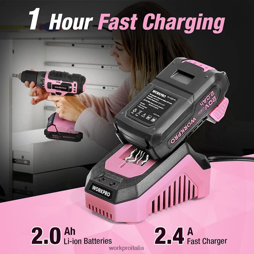 WORKPRO Set trapano avvitatore a batteria da 20 V con caricabatterie rapido e custodia da 11 pollici inclusa rosa B0600L261 attrezzo