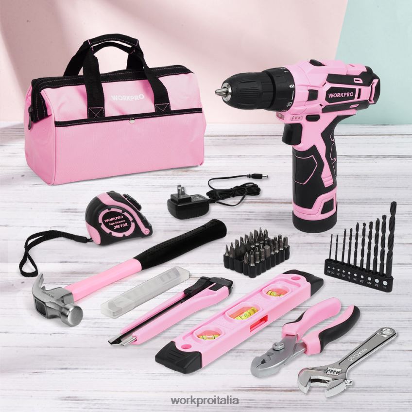 WORKPRO Trapano avvitatore a batteria da 12 V e kit di attrezzi domestici con custodia da 14 pollici rosa B0600L258 attrezzo