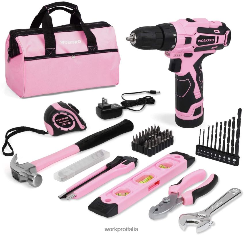 WORKPRO Trapano avvitatore a batteria da 12 V e kit di attrezzi domestici con custodia da 14 pollici rosa B0600L258 attrezzo