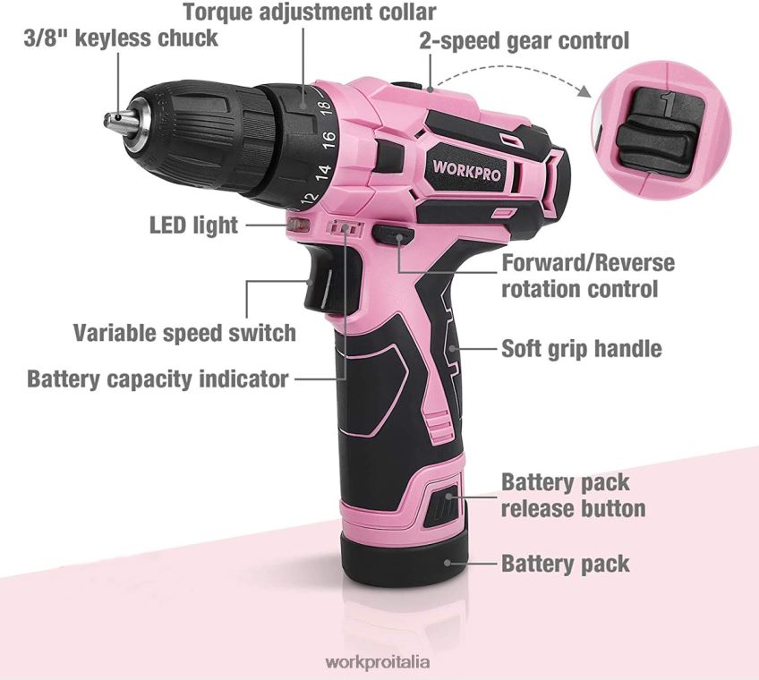 WORKPRO Trapano avvitatore a batteria da 12 V e kit di attrezzi domestici con custodia da 14 pollici rosa B0600L258 attrezzo