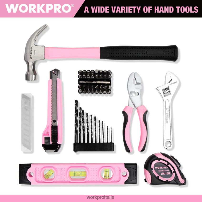 WORKPRO Trapano avvitatore a batteria da 12 V e kit di attrezzi domestici con custodia da 14 pollici rosa B0600L258 attrezzo