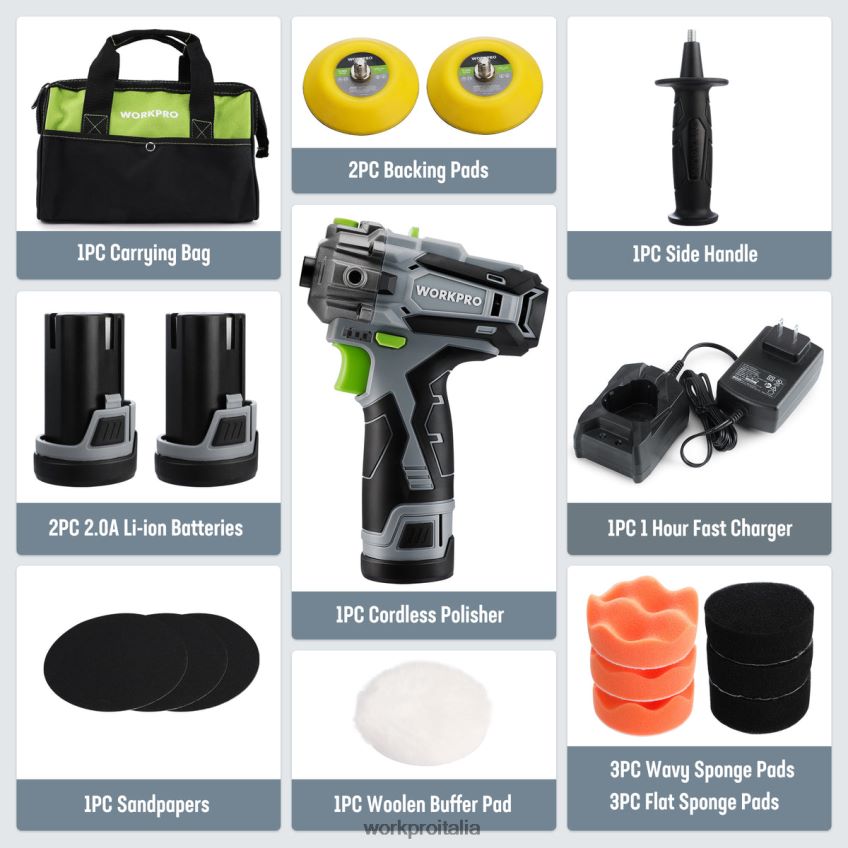 WORKPRO Lucidatrice a batteria da 12 V, tampone per i dettagli di mini auto e kit levigatrice con 2 batterie agli ioni di litio utile B0600L229 attrezzo