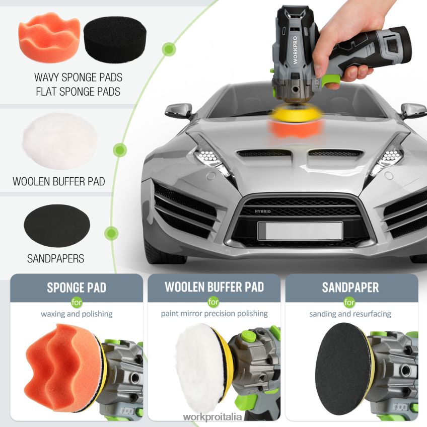 WORKPRO Lucidatrice a batteria da 12 V, tampone per i dettagli di mini auto e kit levigatrice con 2 batterie agli ioni di litio utile B0600L229 attrezzo